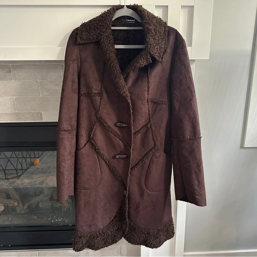 Tribal long brown faux suede coat with Faux Fur Lining|size 10